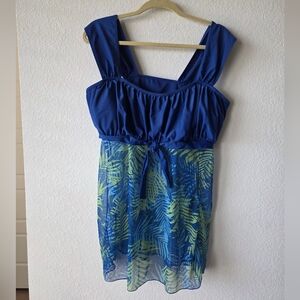 Blue Tropical Print Top & Matching Swim Cover-Up Dress